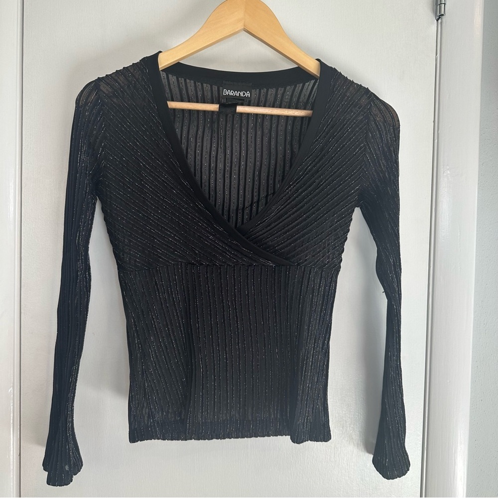 Baranda Y2K Sheer Sparkle Long Sleeve Top. Size: Medium. Black and Silver.